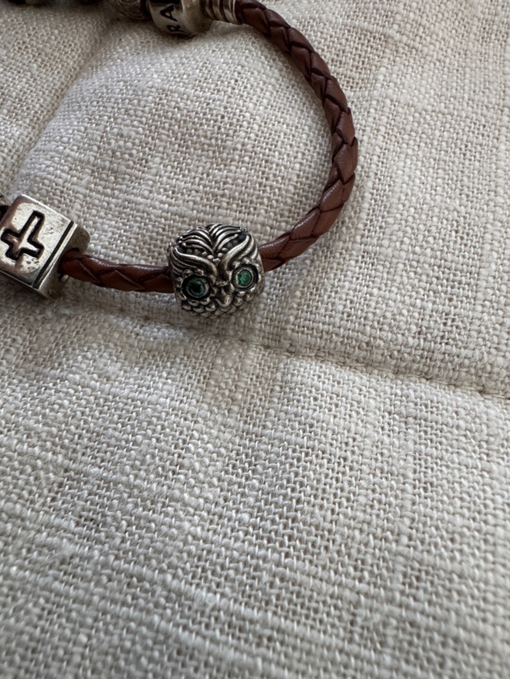 Pandora Silver Owl Charm and Green Accents